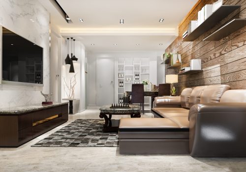 3d rendering luxury and modern living room with leather sofa and lamp and wood decor loft style